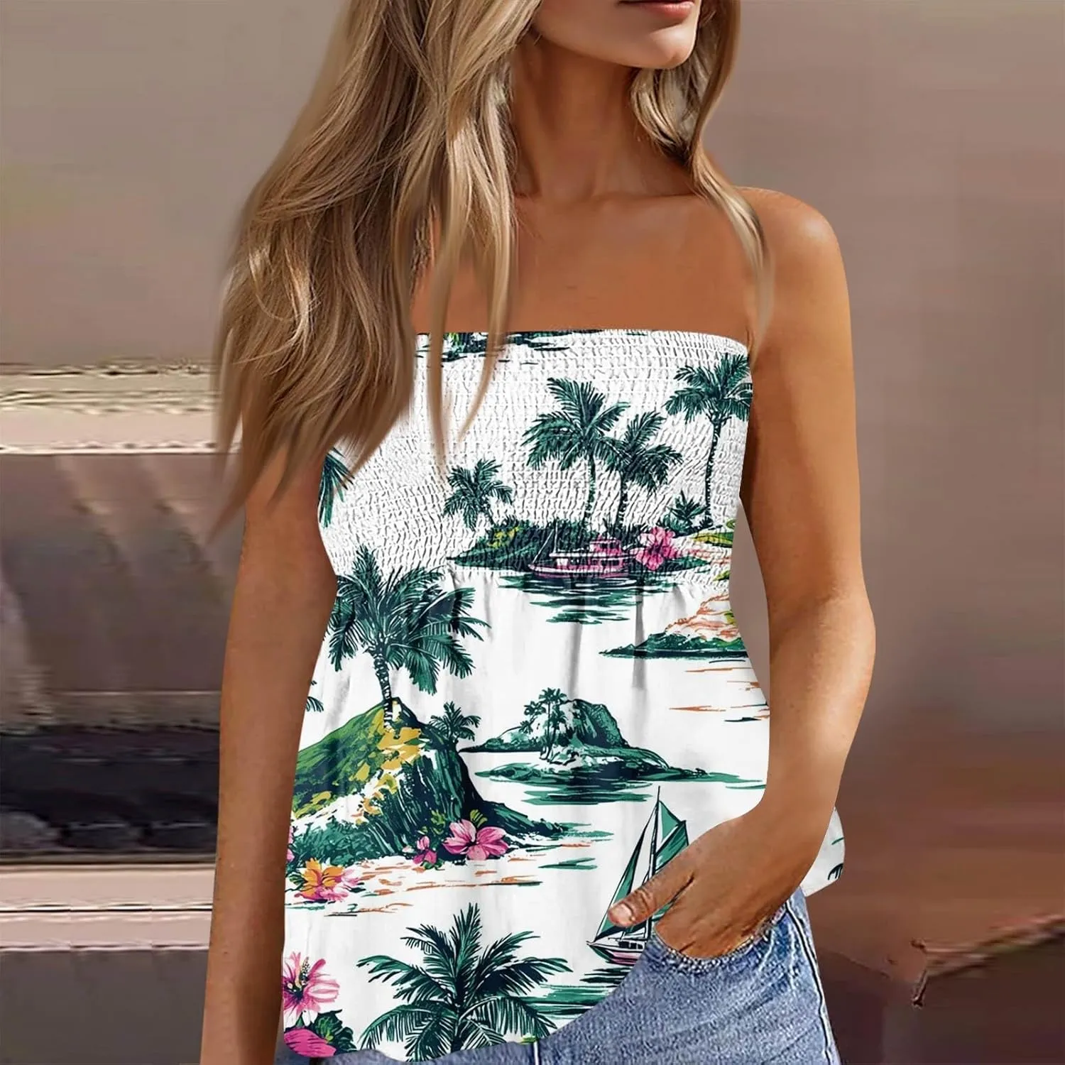 Tube Tops for Women Smocked Strapless Bandeau Tank Tops Sleeveless Hawaiian Print Bandeau Tunics Backless Shirt