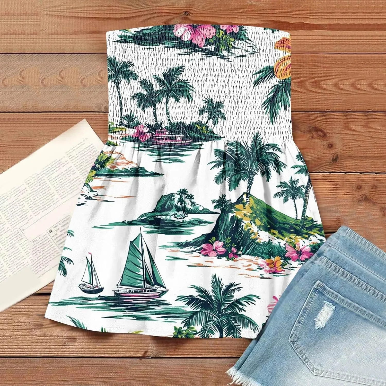 Tube Tops for Women Smocked Strapless Bandeau Tank Tops Sleeveless Hawaiian Print Bandeau Tunics Backless Shirt
