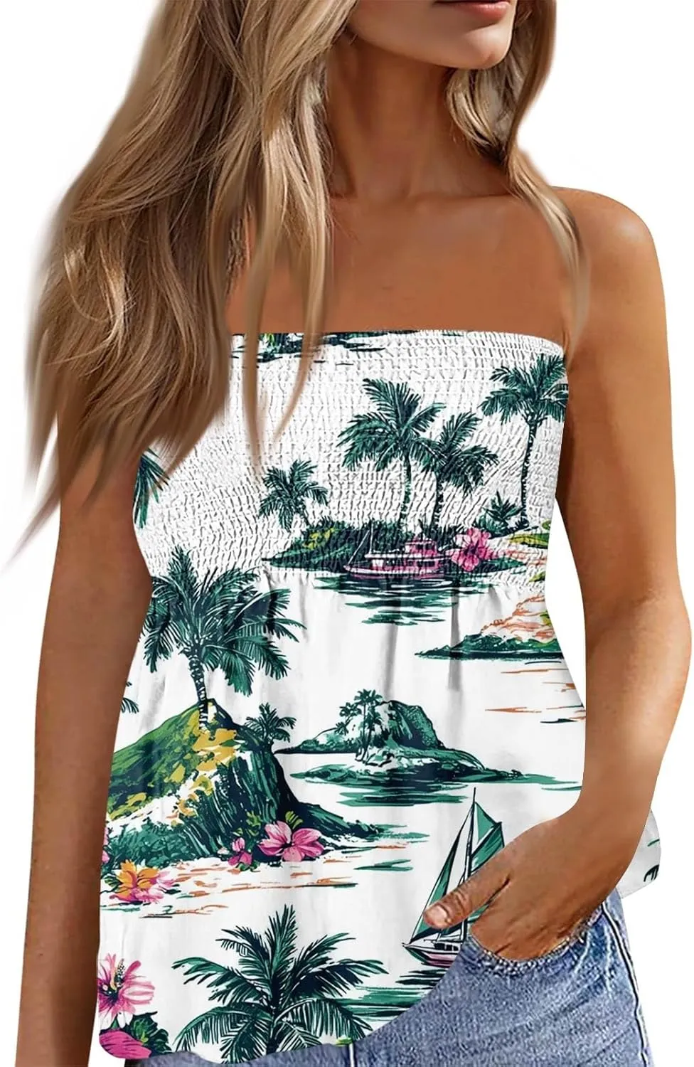 Tube Tops for Women Smocked Strapless Bandeau Tank Tops Sleeveless Hawaiian Print Bandeau Tunics Backless Shirt