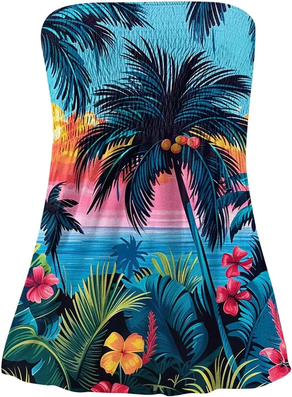 Tube Tops for Women Smocked Strapless Bandeau Tank Tops Sleeveless Hawaiian Print Bandeau Tunics Backless Shirt