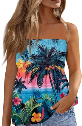 Tube Tops for Women Smocked Strapless Bandeau Tank Tops Sleeveless Hawaiian Print Bandeau Tunics Backless Shirt