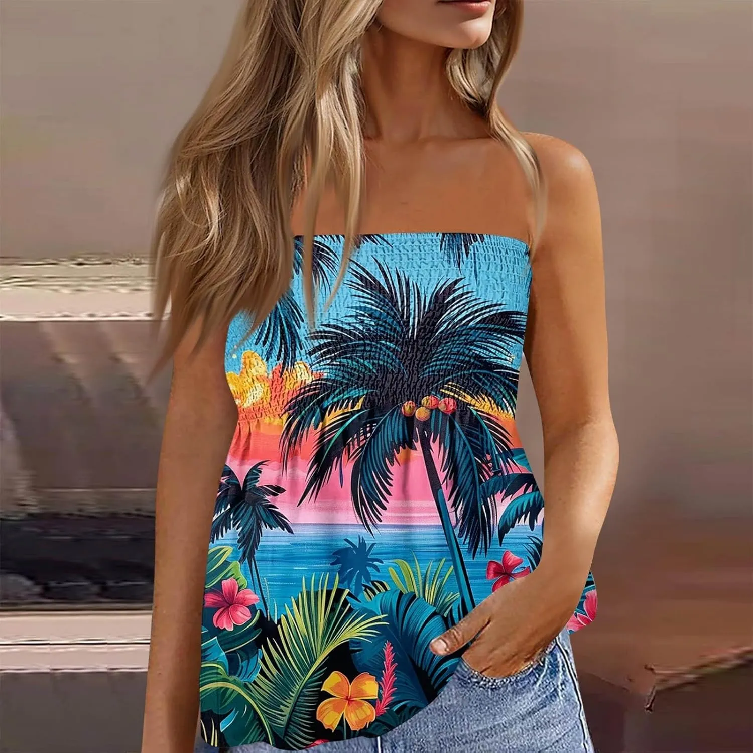 Tube Tops for Women Smocked Strapless Bandeau Tank Tops Sleeveless Hawaiian Print Bandeau Tunics Backless Shirt