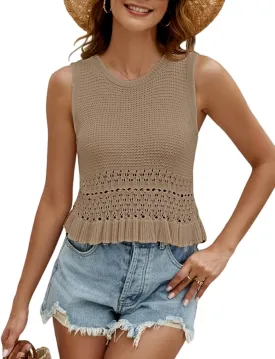 VIMPUNEC Womens Summer Crop Tank Tops Cute Knit Sweater Vest Crochet Sleeveless Pullover Top