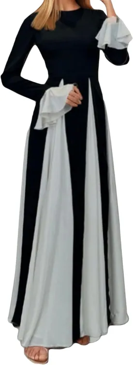 Wedding Guest Dresses for Women Elegant Long Sleeve Patchwork Pleated Swing Long Dress Formal Maxi Dress