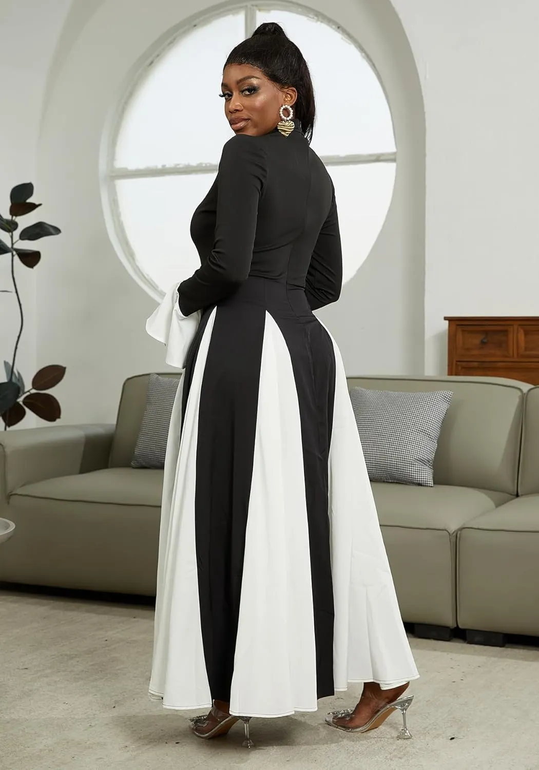 Wedding Guest Dresses for Women Elegant Long Sleeve Patchwork Pleated Swing Long Dress Formal Maxi Dress