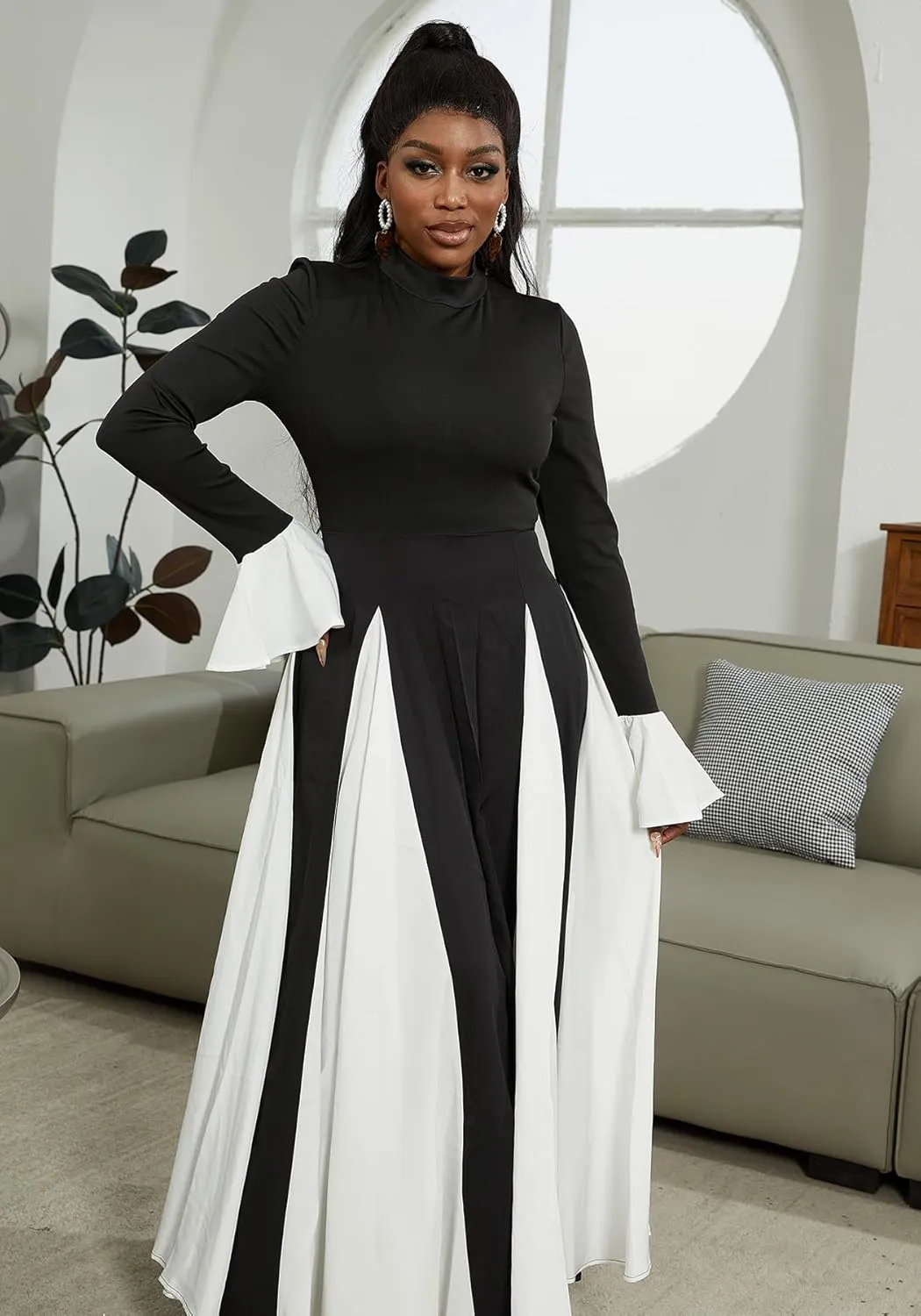 Wedding Guest Dresses for Women Elegant Long Sleeve Patchwork Pleated Swing Long Dress Formal Maxi Dress