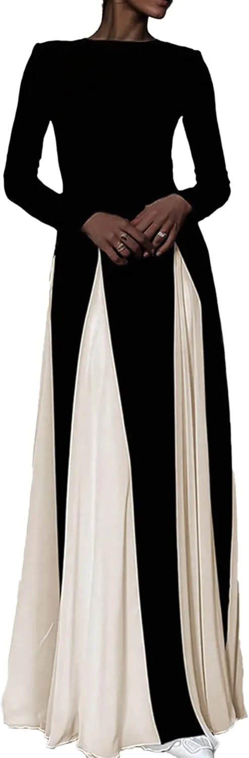 Wedding Guest Dresses for Women Elegant Long Sleeve Patchwork Pleated Swing Long Dress Formal Maxi Dress