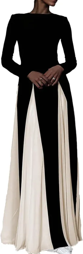 Wedding Guest Dresses for Women Elegant Long Sleeve Patchwork Pleated Swing Long Dress Formal Maxi Dress