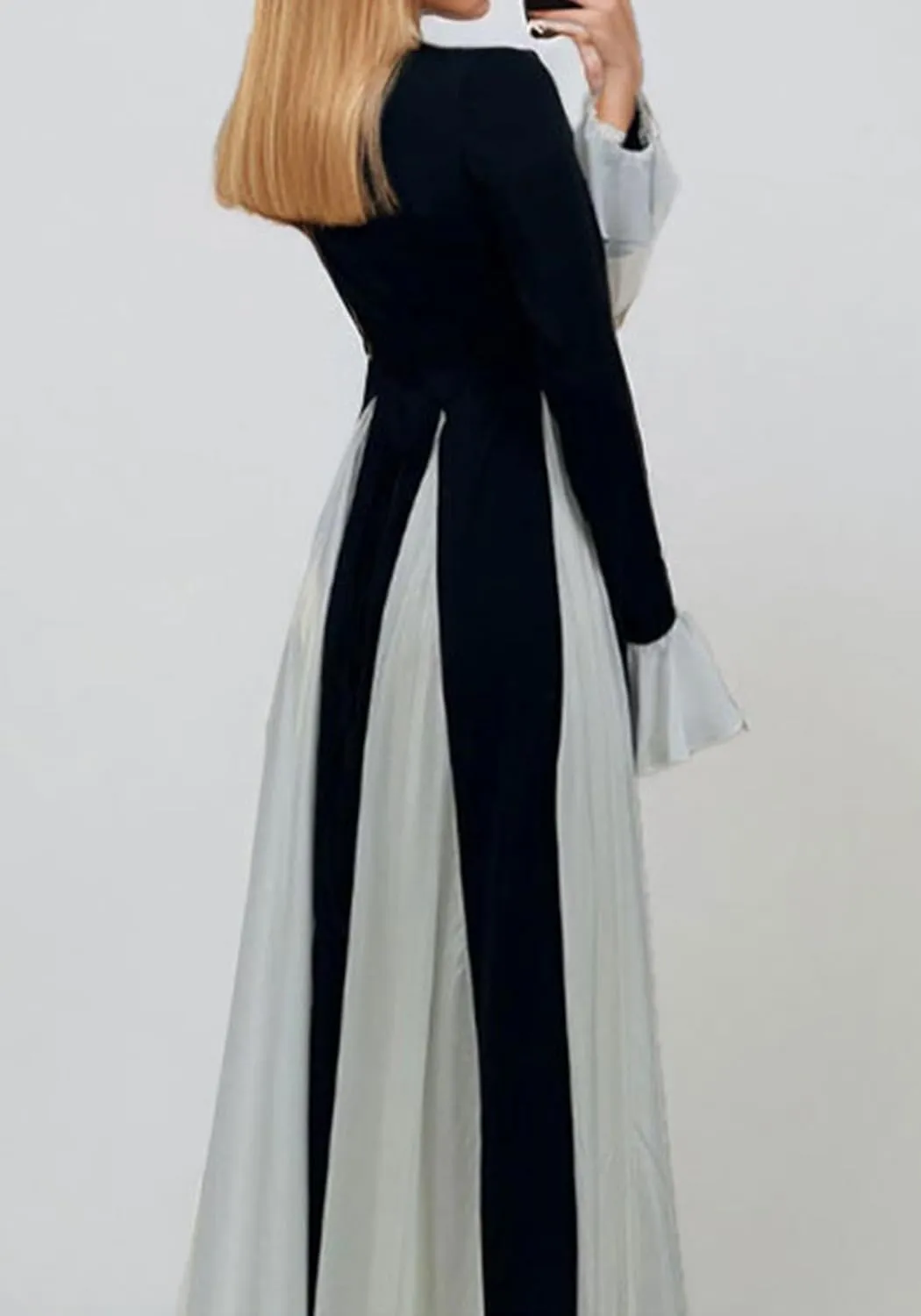 Wedding Guest Dresses for Women Elegant Long Sleeve Patchwork Pleated Swing Long Dress Formal Maxi Dress