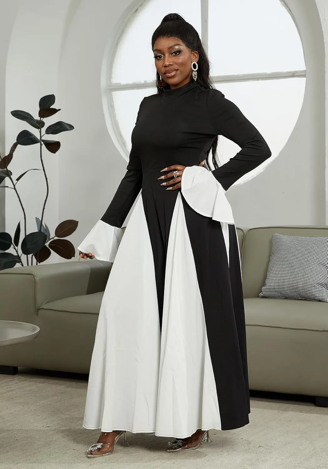 Wedding Guest Dresses for Women Elegant Long Sleeve Patchwork Pleated Swing Long Dress Formal Maxi Dress