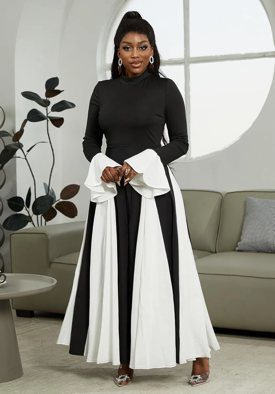 Wedding Guest Dresses for Women Elegant Long Sleeve Patchwork Pleated Swing Long Dress Formal Maxi Dress