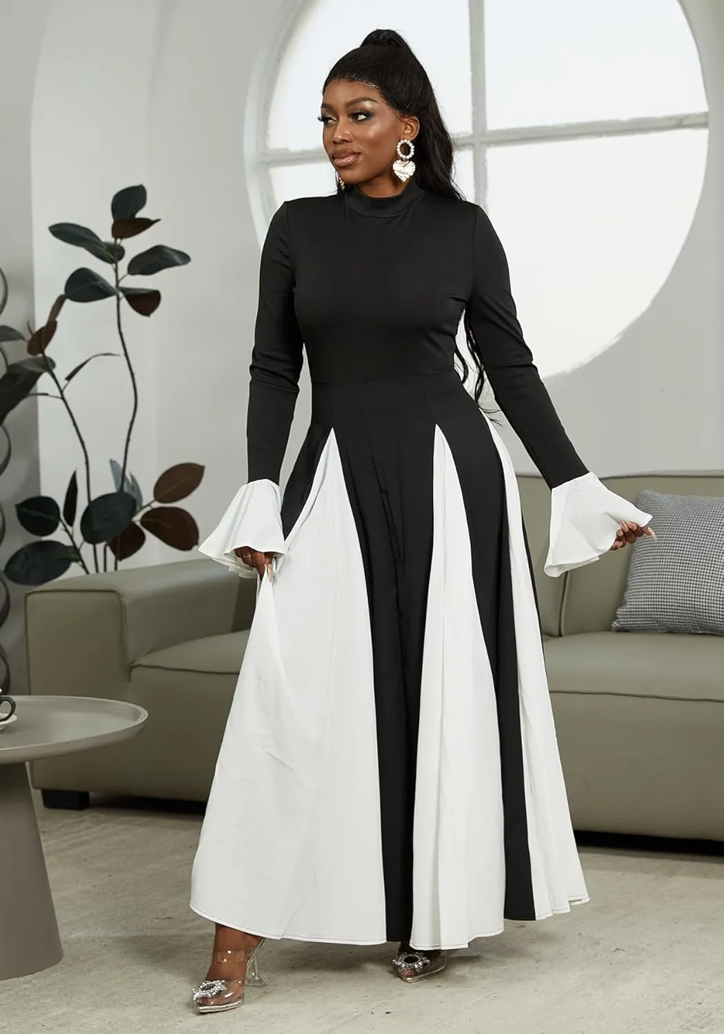 Wedding Guest Dresses for Women Elegant Long Sleeve Patchwork Pleated Swing Long Dress Formal Maxi Dress