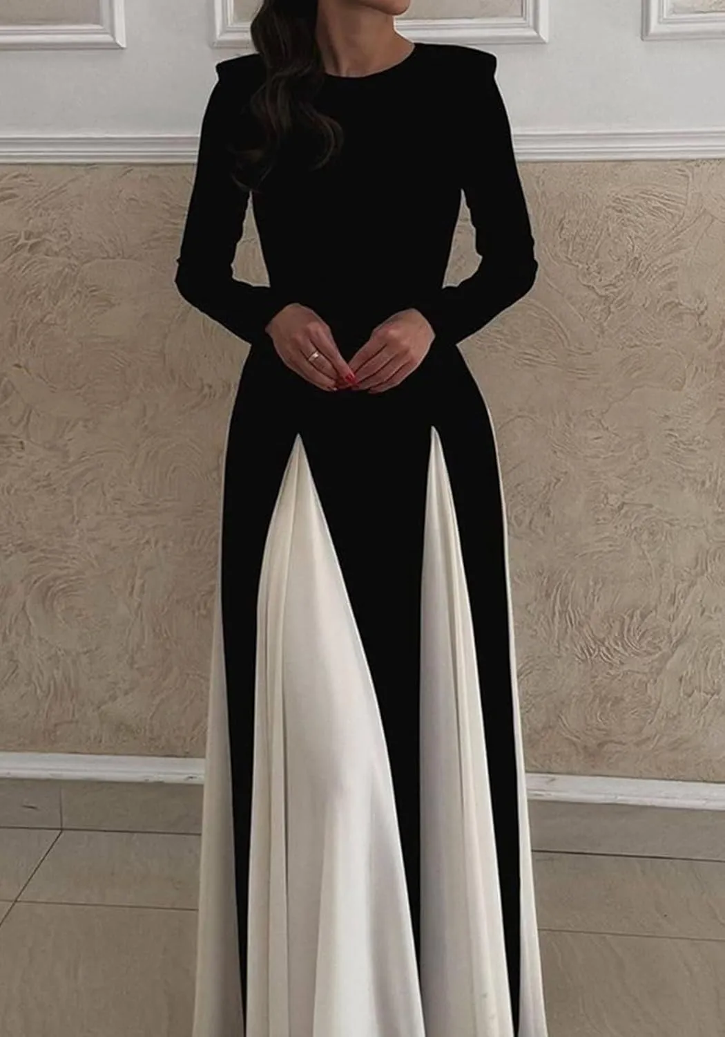 Wedding Guest Dresses for Women Elegant Long Sleeve Patchwork Pleated Swing Long Dress Formal Maxi Dress