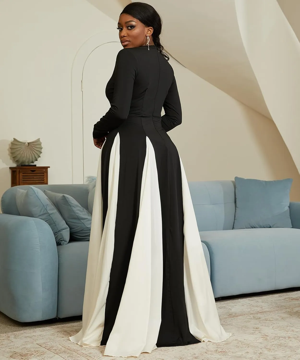 Wedding Guest Dresses for Women Elegant Long Sleeve Patchwork Pleated Swing Long Dress Formal Maxi Dress