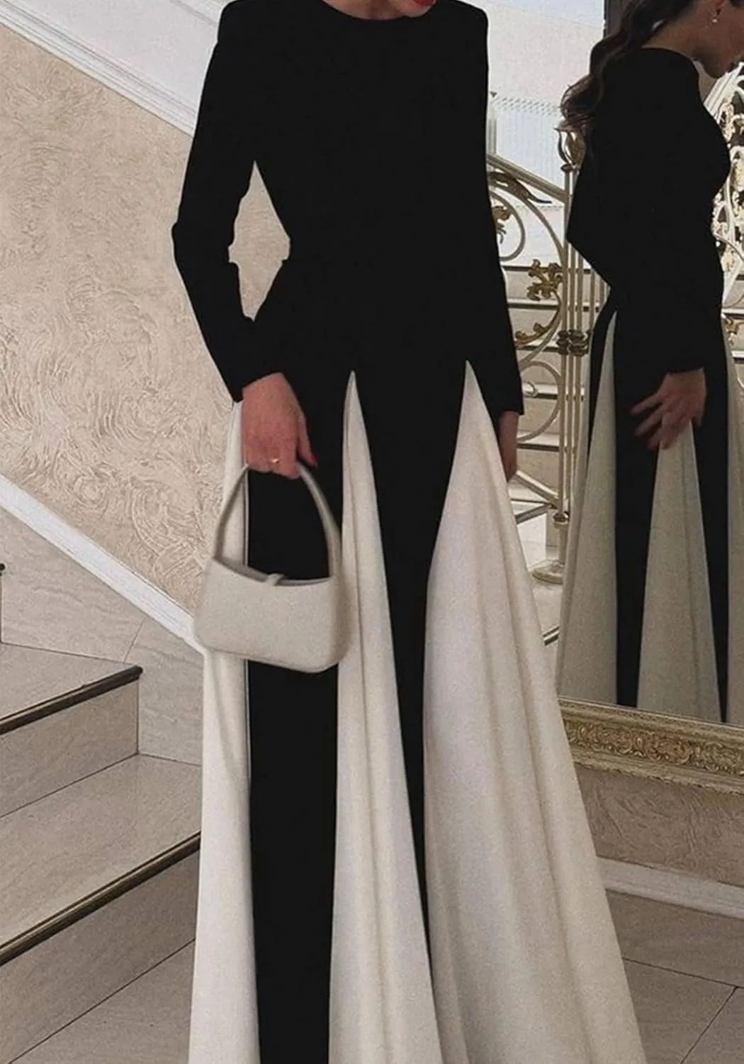 Wedding Guest Dresses for Women Elegant Long Sleeve Patchwork Pleated Swing Long Dress Formal Maxi Dress