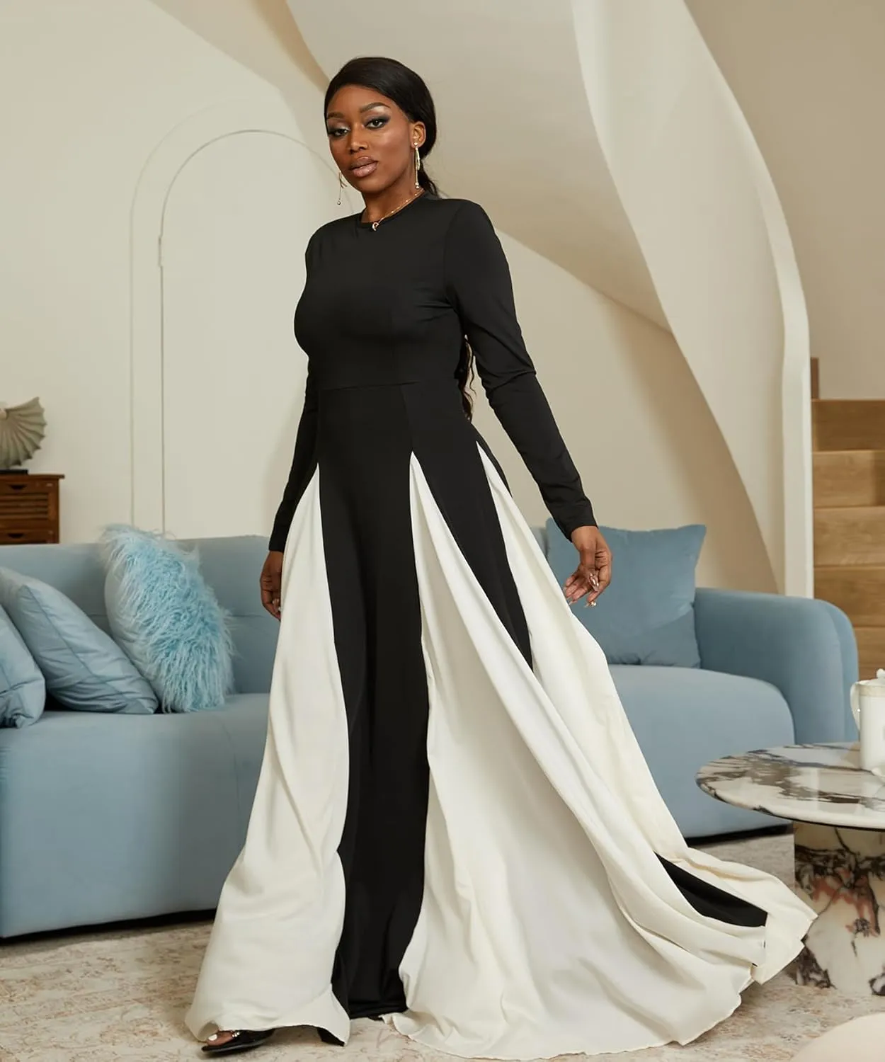 Wedding Guest Dresses for Women Elegant Long Sleeve Patchwork Pleated Swing Long Dress Formal Maxi Dress