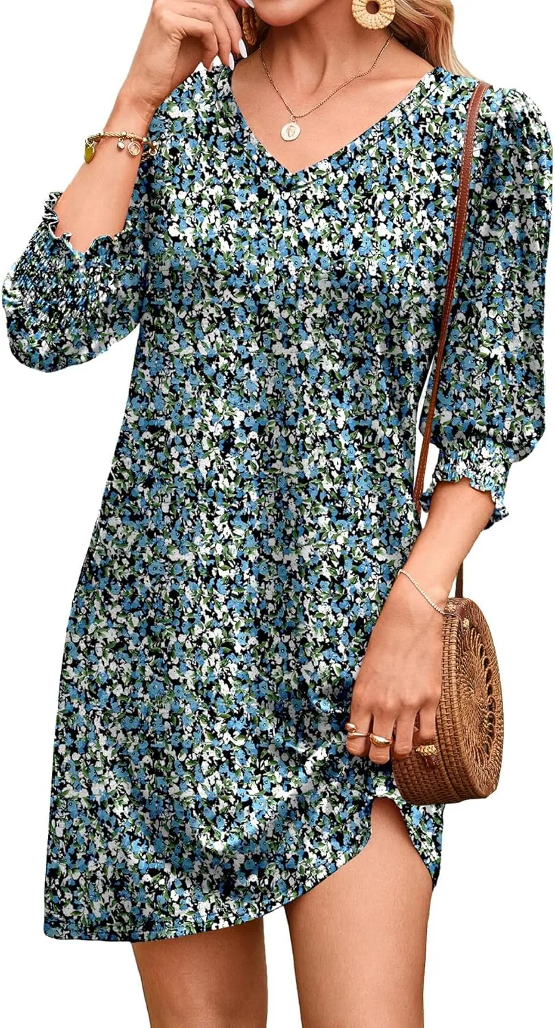 WIHOLL Women's Summer Dresses 3/4 Puff Sleeve Casual Sundress Dress with Pockets Beach Vacation 2025 Fashion