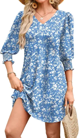 WIHOLL Women's Summer Dresses 3/4 Puff Sleeve Casual Sundress Dress with Pockets Beach Vacation 2025 Fashion