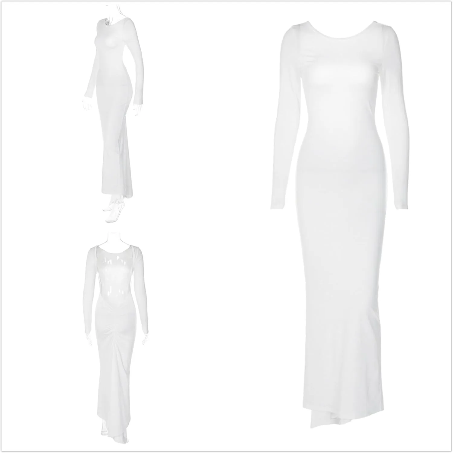 Women Bodycon Maxi Dress Long Sleeve Backless Ruched Party Cocktail Formal Wedding Guest Dresses Evening Gown