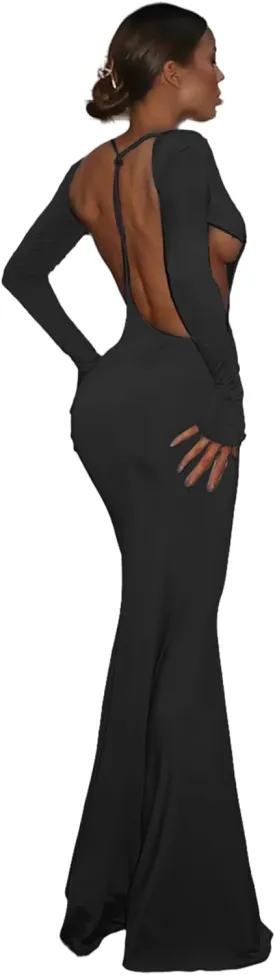 Women Bodycon Maxi Dress Long Sleeve Backless Ruched Party Cocktail Formal Wedding Guest Dresses Evening Gown