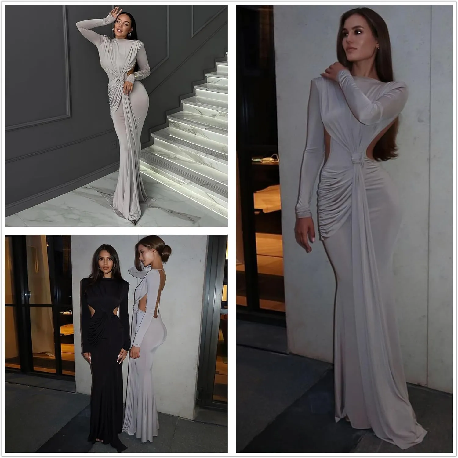 Women Bodycon Maxi Dress Long Sleeve Backless Ruched Party Cocktail Formal Wedding Guest Dresses Evening Gown