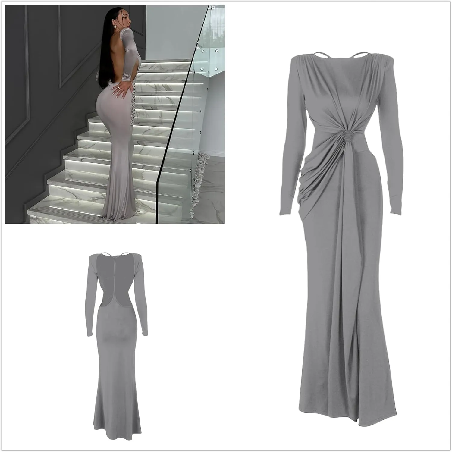Women Bodycon Maxi Dress Long Sleeve Backless Ruched Party Cocktail Formal Wedding Guest Dresses Evening Gown
