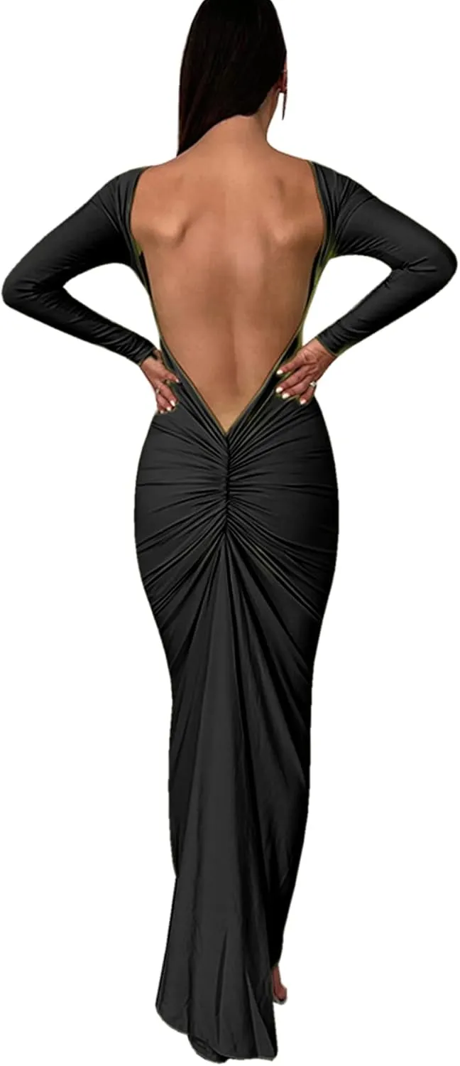 Women Bodycon Maxi Dress Long Sleeve Backless Ruched Party Cocktail Formal Wedding Guest Dresses Evening Gown