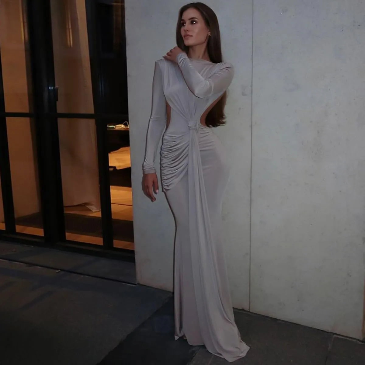 Women Bodycon Maxi Dress Long Sleeve Backless Ruched Party Cocktail Formal Wedding Guest Dresses Evening Gown