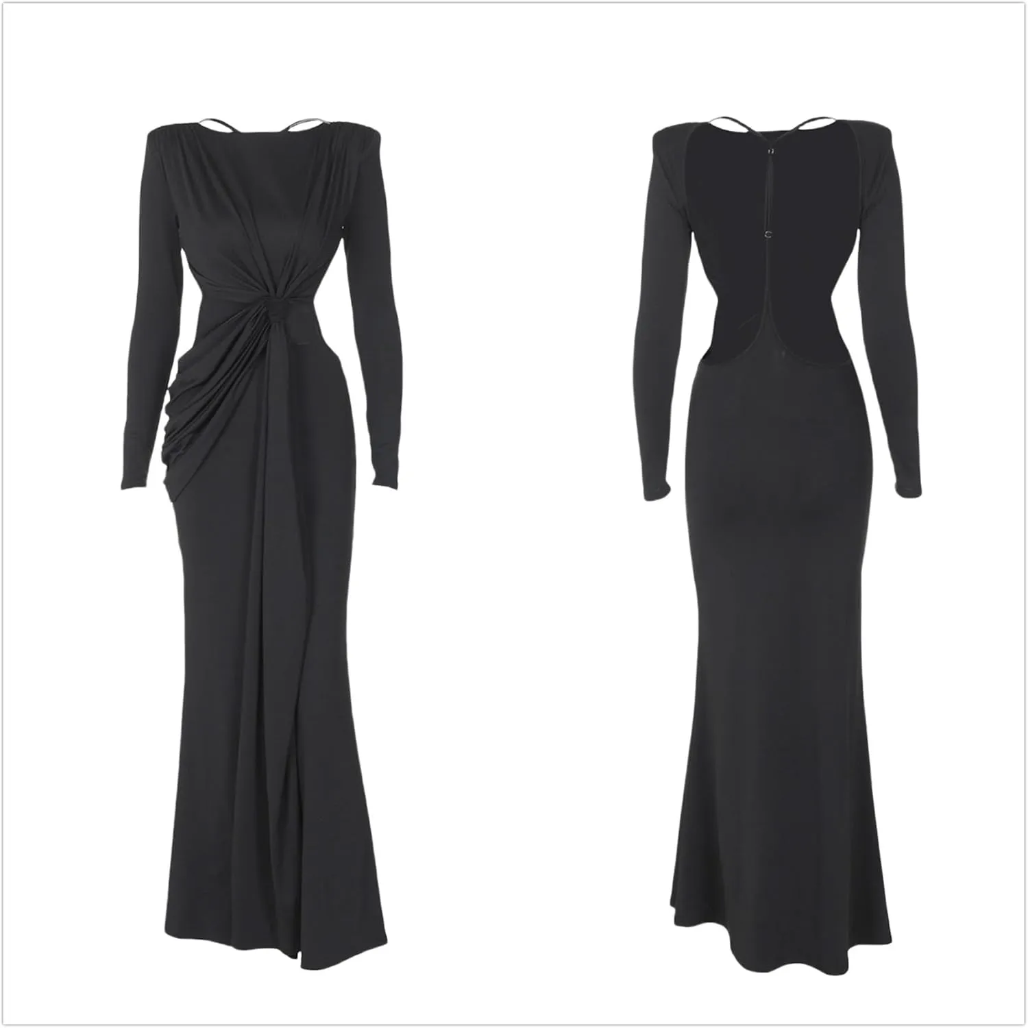 Women Bodycon Maxi Dress Long Sleeve Backless Ruched Party Cocktail Formal Wedding Guest Dresses Evening Gown