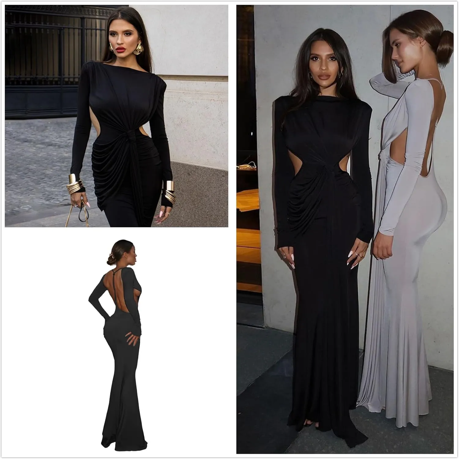 Women Bodycon Maxi Dress Long Sleeve Backless Ruched Party Cocktail Formal Wedding Guest Dresses Evening Gown