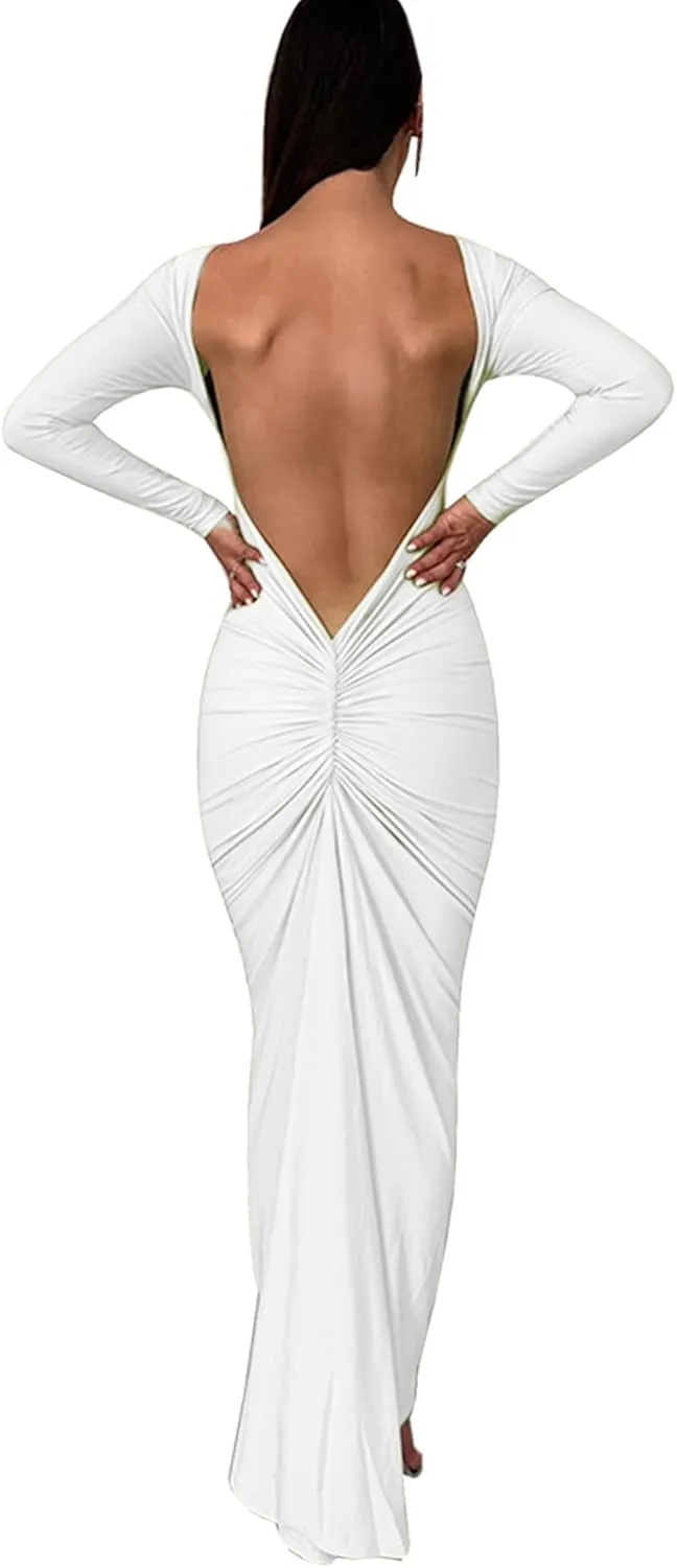 Women Bodycon Maxi Dress Long Sleeve Backless Ruched Party Cocktail Formal Wedding Guest Dresses Evening Gown