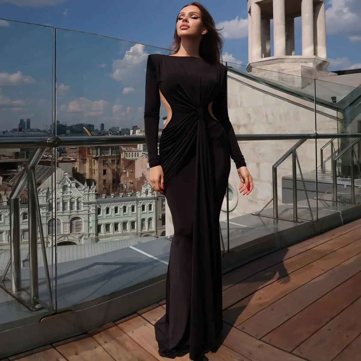 Women Bodycon Maxi Dress Long Sleeve Backless Ruched Party Cocktail Formal Wedding Guest Dresses Evening Gown