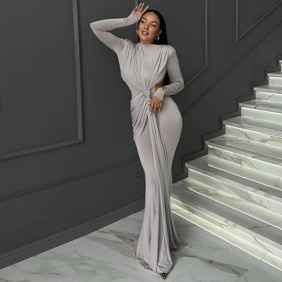 Women Bodycon Maxi Dress Long Sleeve Backless Ruched Party Cocktail Formal Wedding Guest Dresses Evening Gown