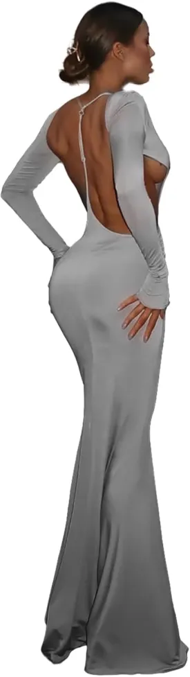 Women Bodycon Maxi Dress Long Sleeve Backless Ruched Party Cocktail Formal Wedding Guest Dresses Evening Gown