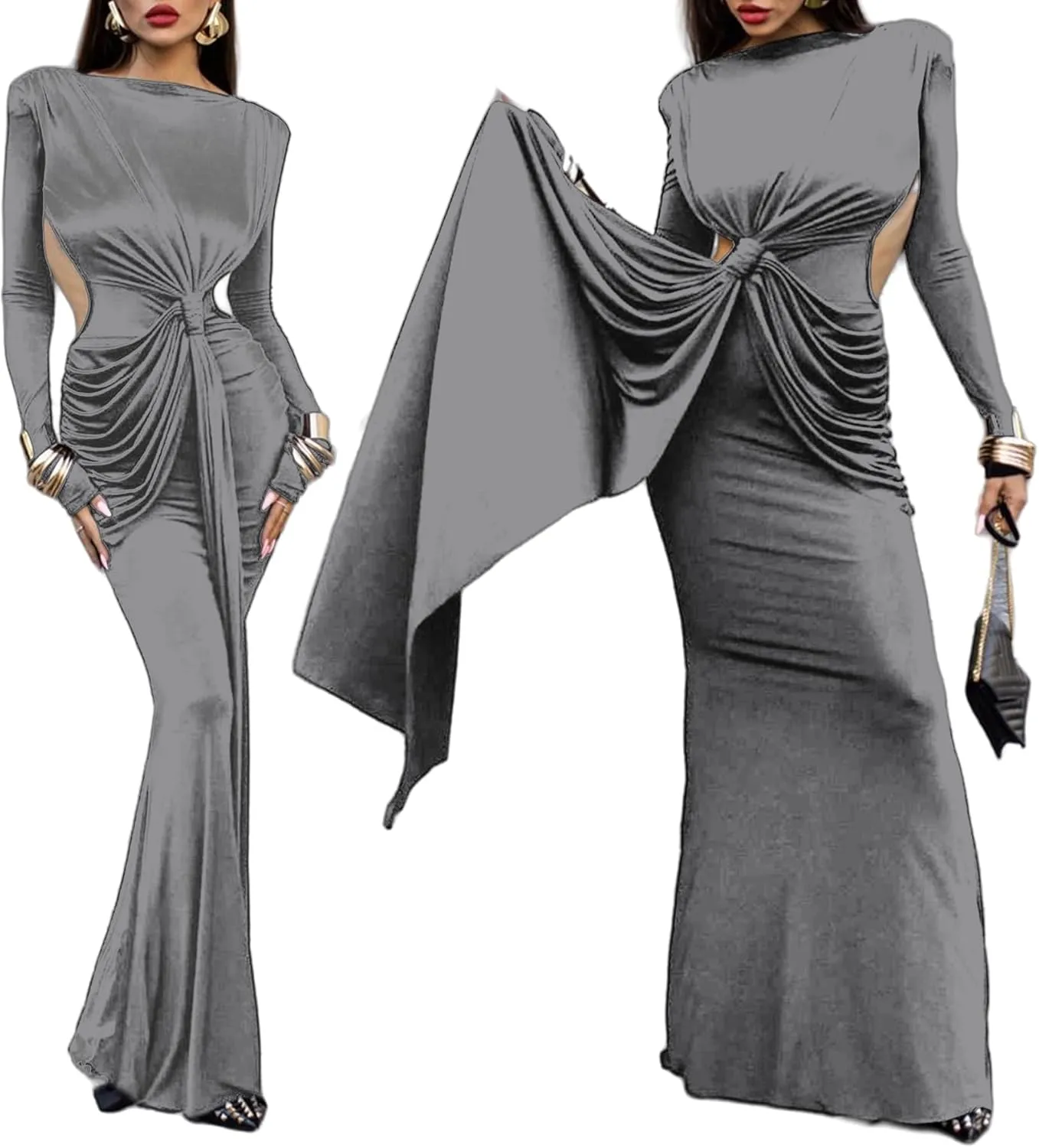 Women Bodycon Maxi Dress Long Sleeve Backless Ruched Party Cocktail Formal Wedding Guest Dresses Evening Gown