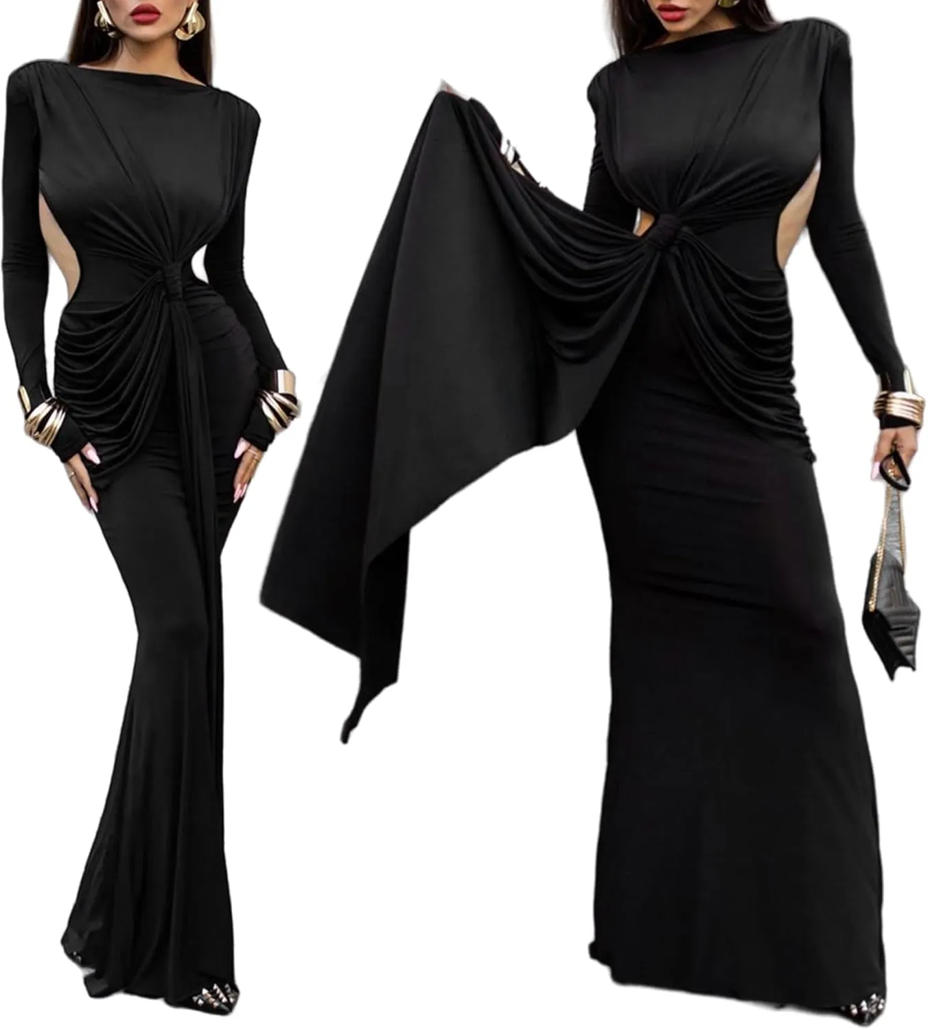 Women Bodycon Maxi Dress Long Sleeve Backless Ruched Party Cocktail Formal Wedding Guest Dresses Evening Gown