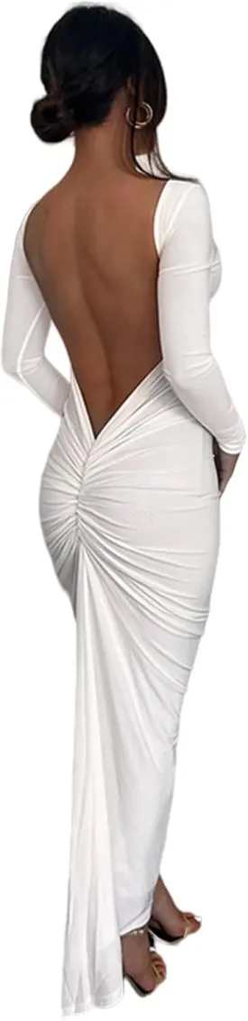 Women Bodycon Maxi Dress Long Sleeve Backless Ruched Party Cocktail Formal Wedding Guest Dresses Evening Gown