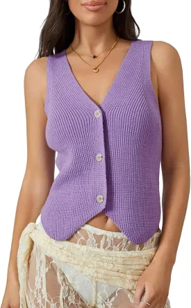 Women Vest Tops Sleeveless V Neck Button Knit Sweater Vest