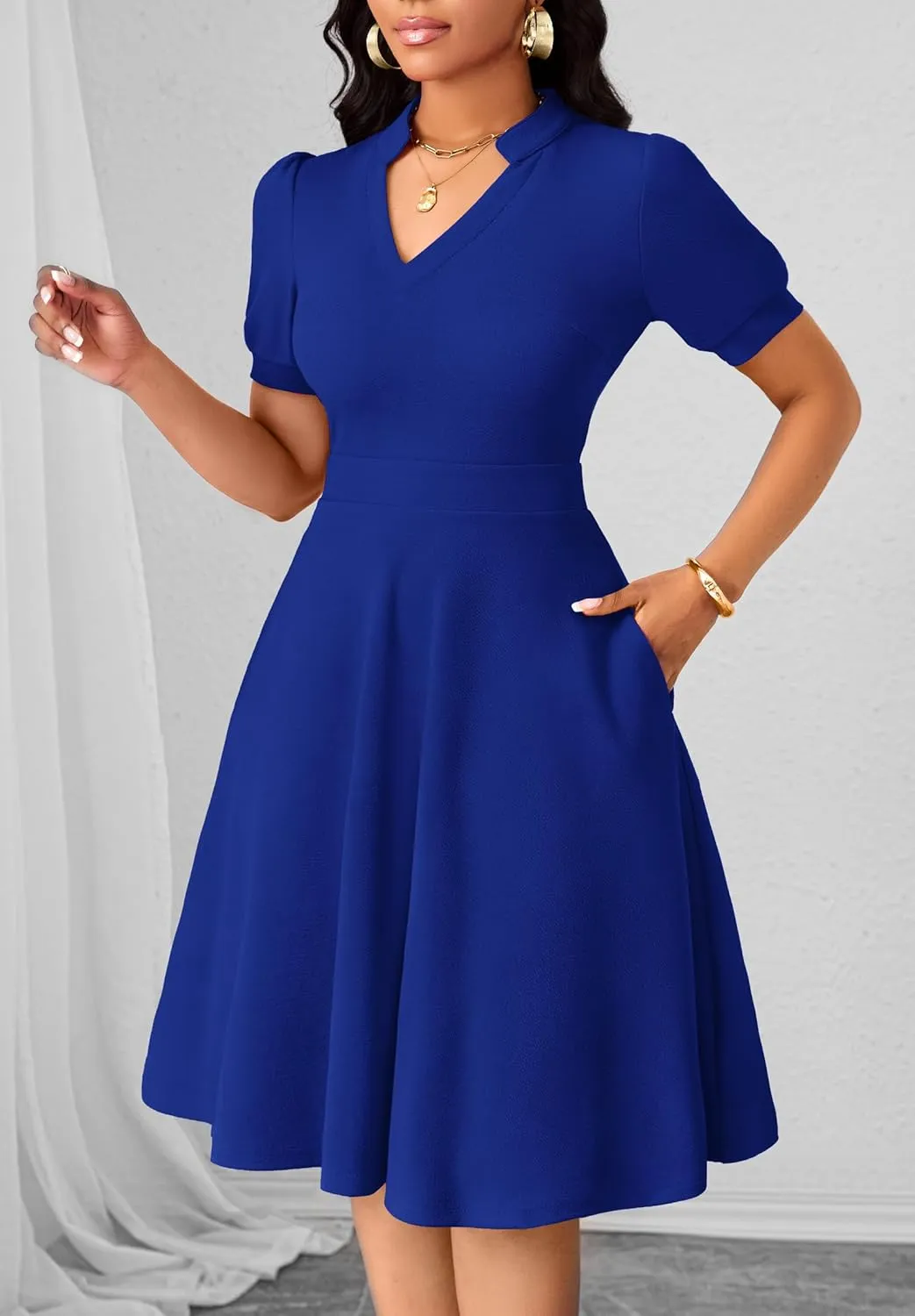 Womens Casual Summer Dresses Short Puff Sleeve V Neck A Line Wedding Guest Midi Dresses with Pockets