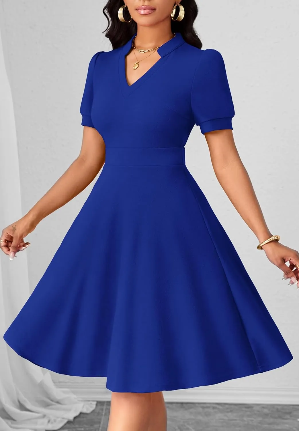 Womens Casual Summer Dresses Short Puff Sleeve V Neck A Line Wedding Guest Midi Dresses with Pockets