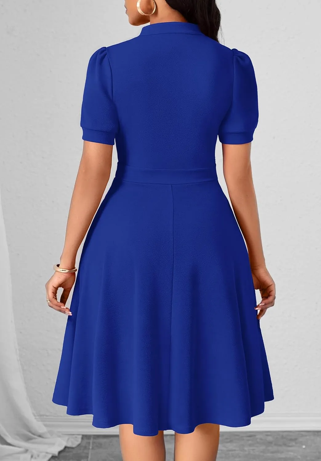 Womens Casual Summer Dresses Short Puff Sleeve V Neck A Line Wedding Guest Midi Dresses with Pockets