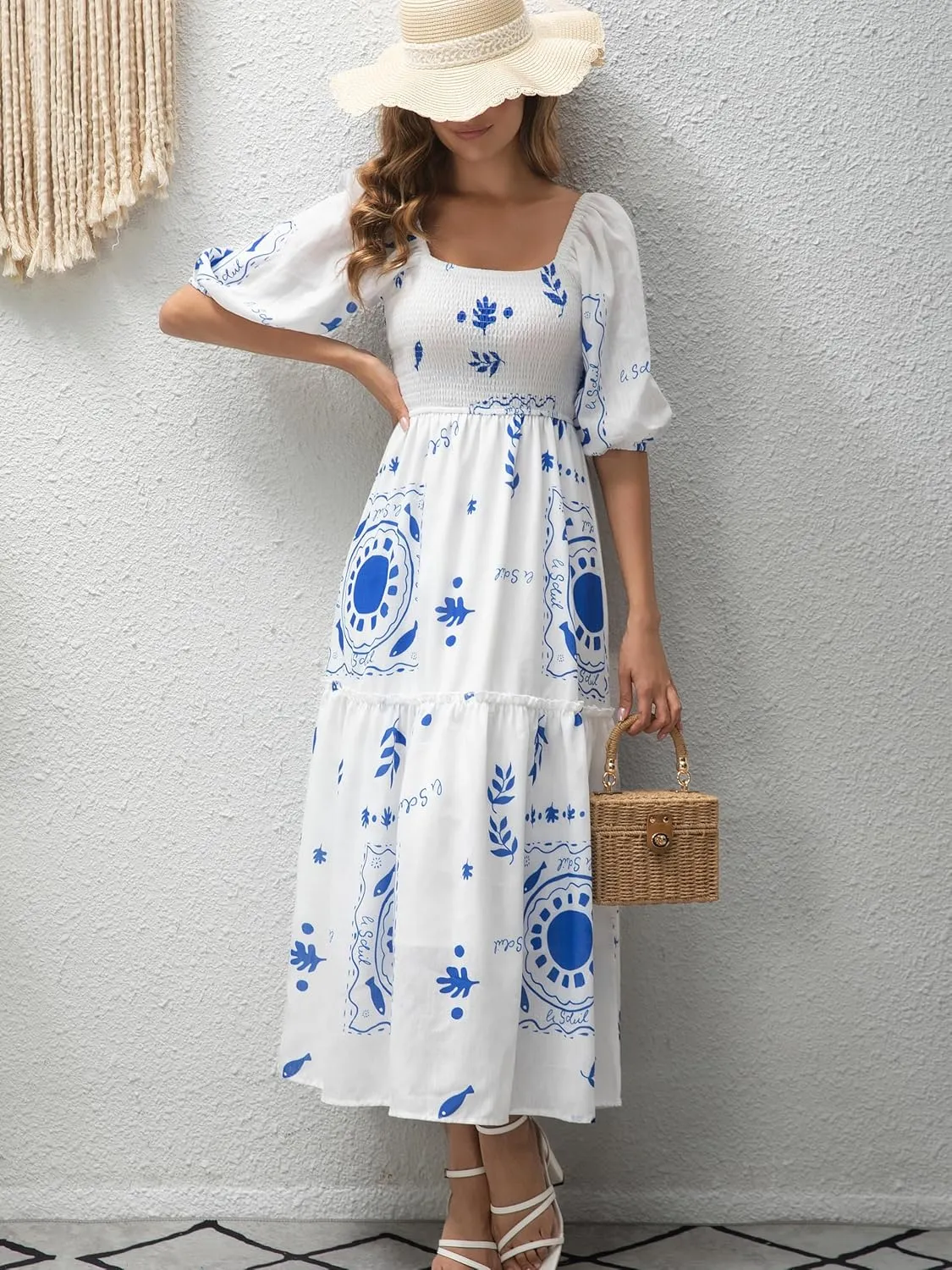 Women’s Flower Print Floral Maxi Dress Puff Short Sleeve Square Neck Tiered Flowy 2025 Spring Summer Smocked Dresses