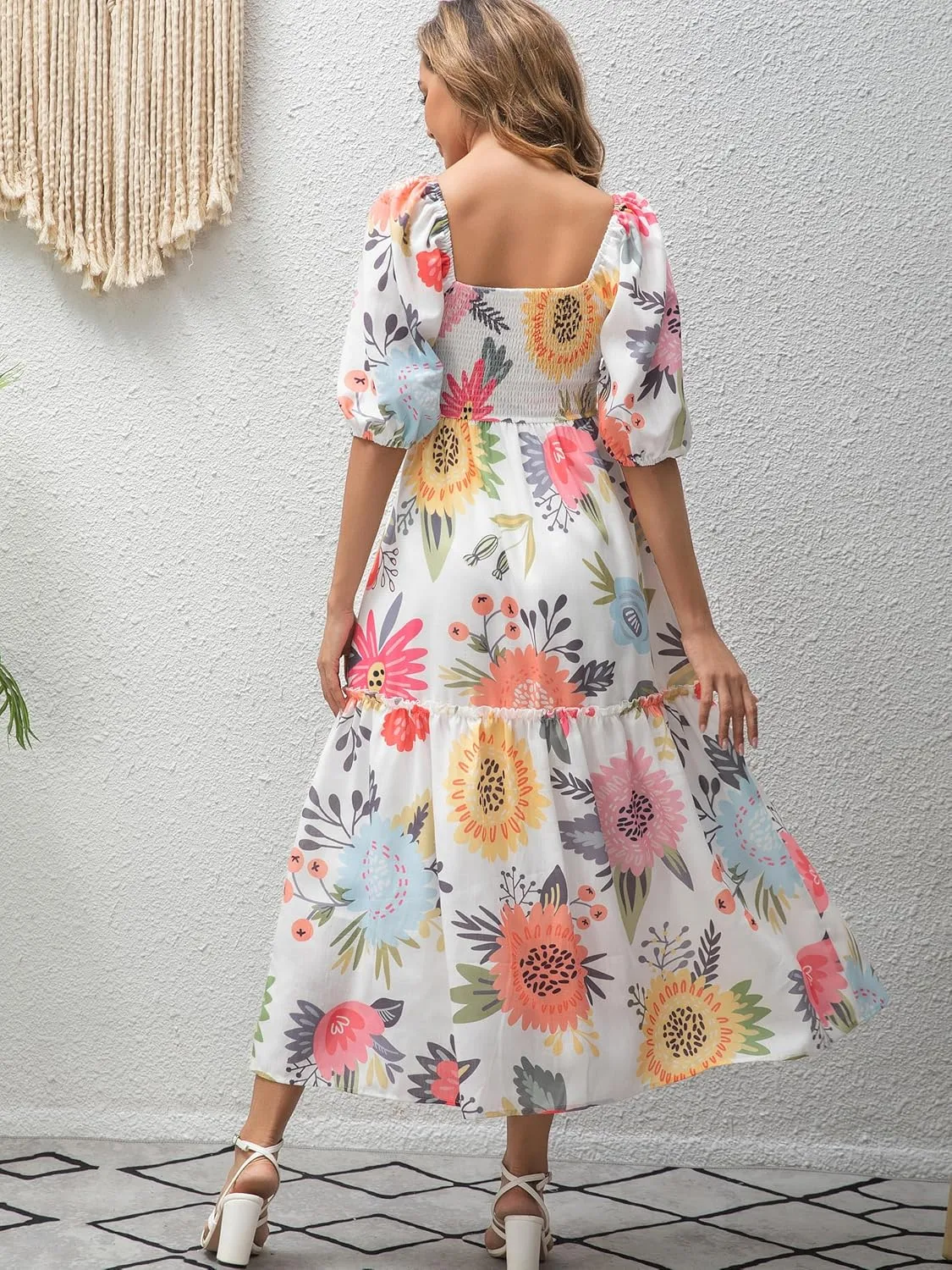Women’s Flower Print Floral Maxi Dress Puff Short Sleeve Square Neck Tiered Flowy 2025 Spring Summer Smocked Dresses