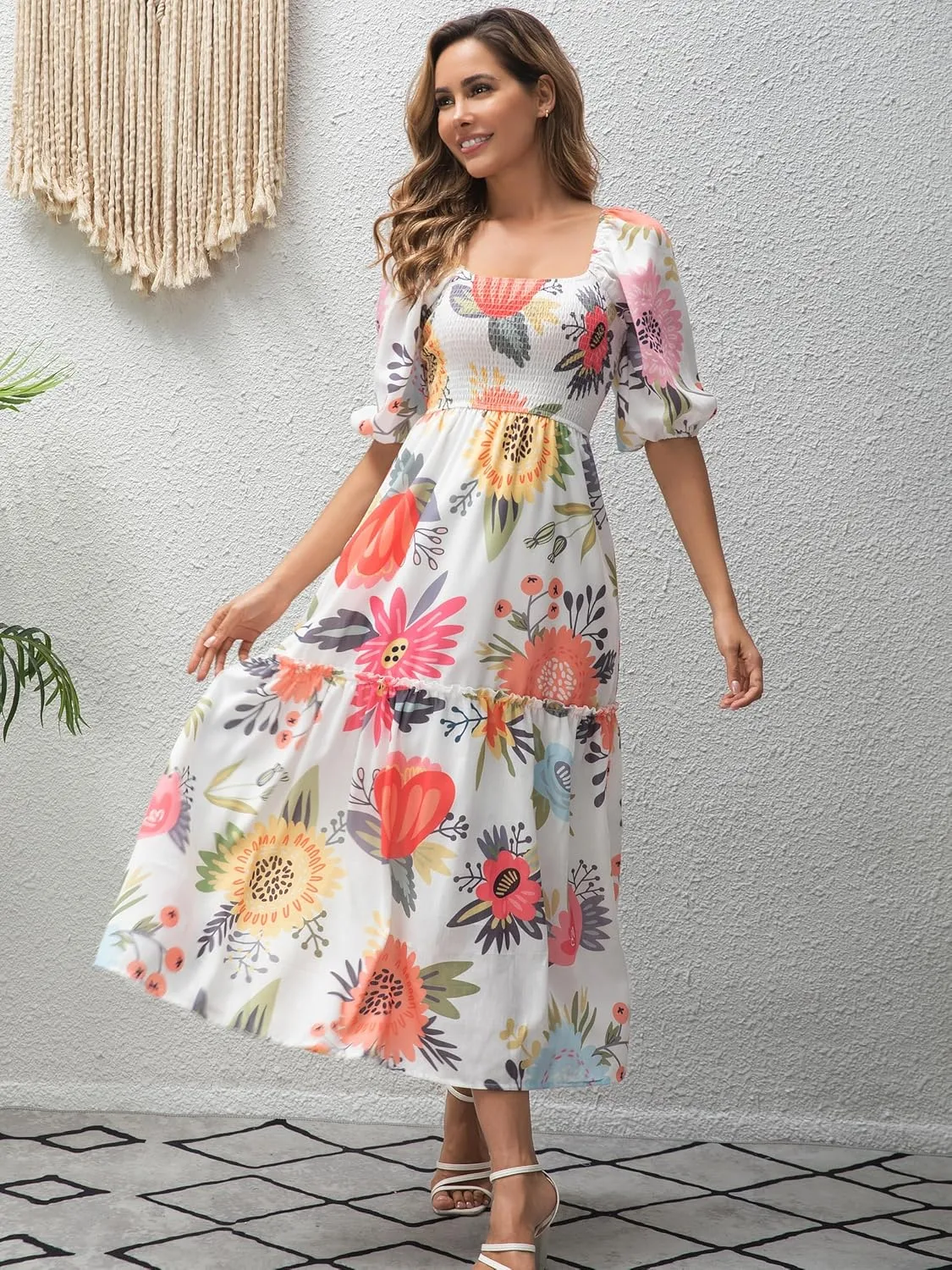 Women’s Flower Print Floral Maxi Dress Puff Short Sleeve Square Neck Tiered Flowy 2025 Spring Summer Smocked Dresses