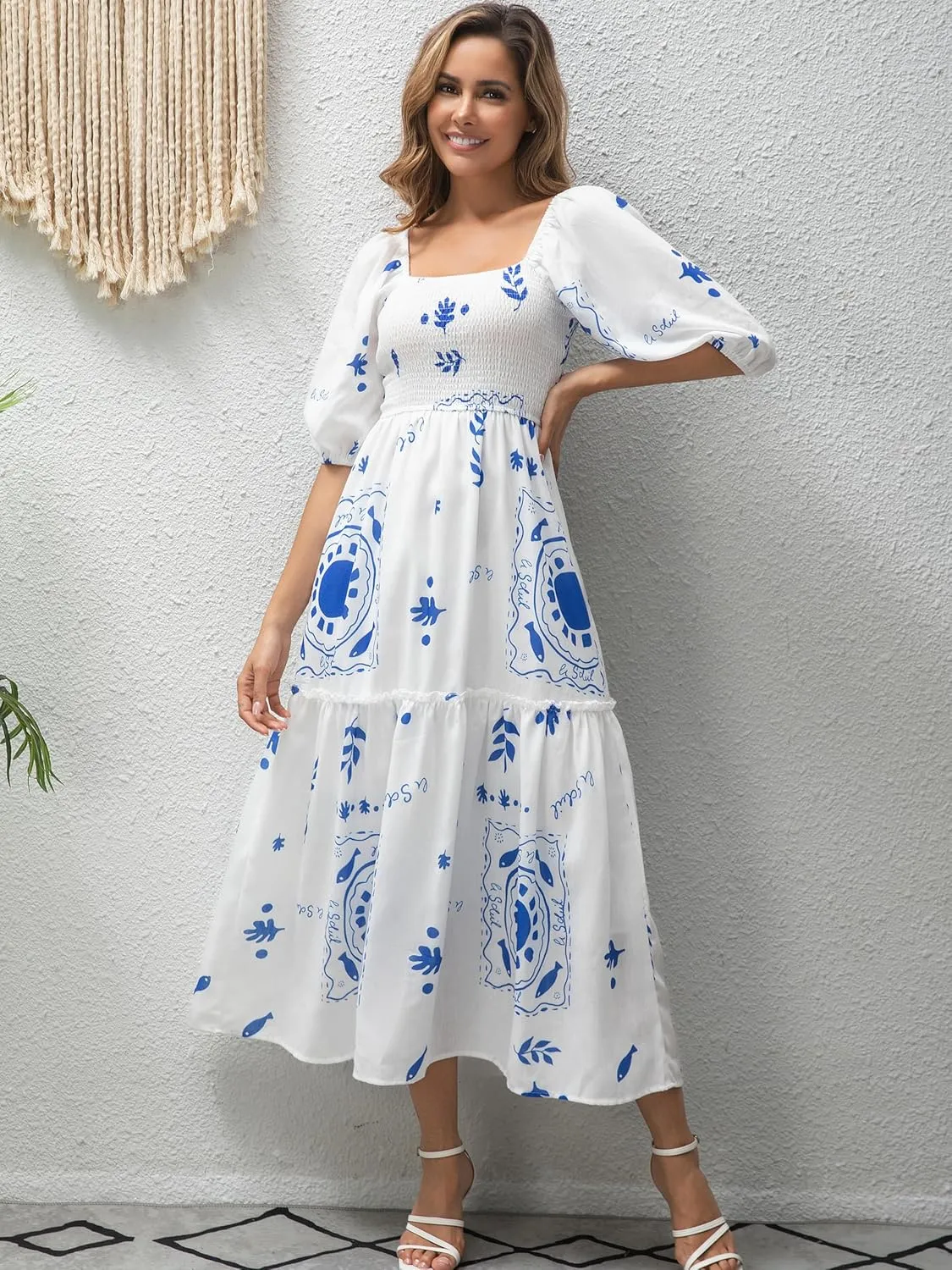 Women’s Flower Print Floral Maxi Dress Puff Short Sleeve Square Neck Tiered Flowy 2025 Spring Summer Smocked Dresses