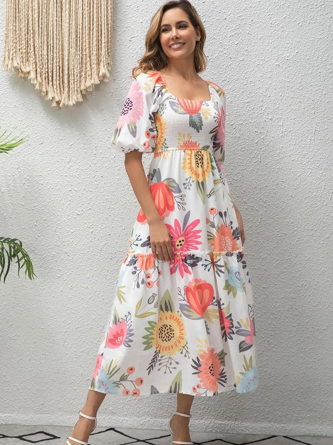 Women’s Flower Print Floral Maxi Dress Puff Short Sleeve Square Neck Tiered Flowy 2025 Spring Summer Smocked Dresses