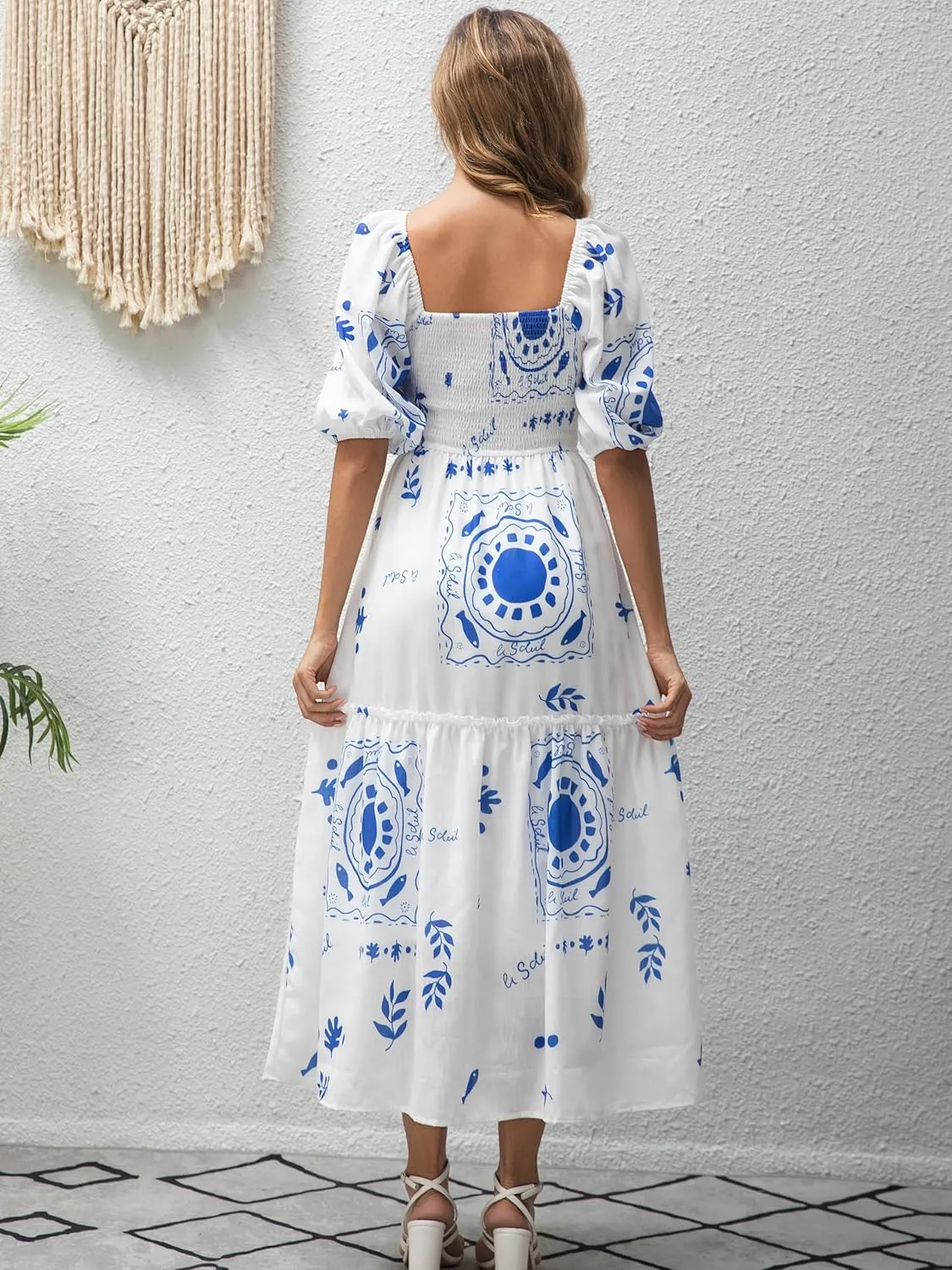 Women’s Flower Print Floral Maxi Dress Puff Short Sleeve Square Neck Tiered Flowy 2025 Spring Summer Smocked Dresses