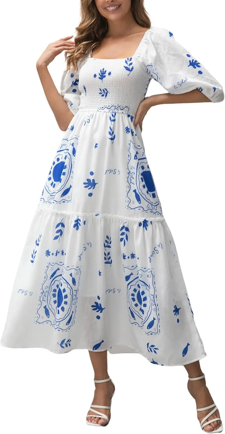 Women’s Flower Print Floral Maxi Dress Puff Short Sleeve Square Neck Tiered Flowy 2025 Spring Summer Smocked Dresses