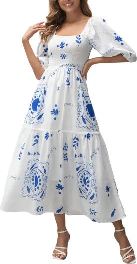 Women’s Flower Print Floral Maxi Dress Puff Short Sleeve Square Neck Tiered Flowy 2025 Spring Summer Smocked Dresses