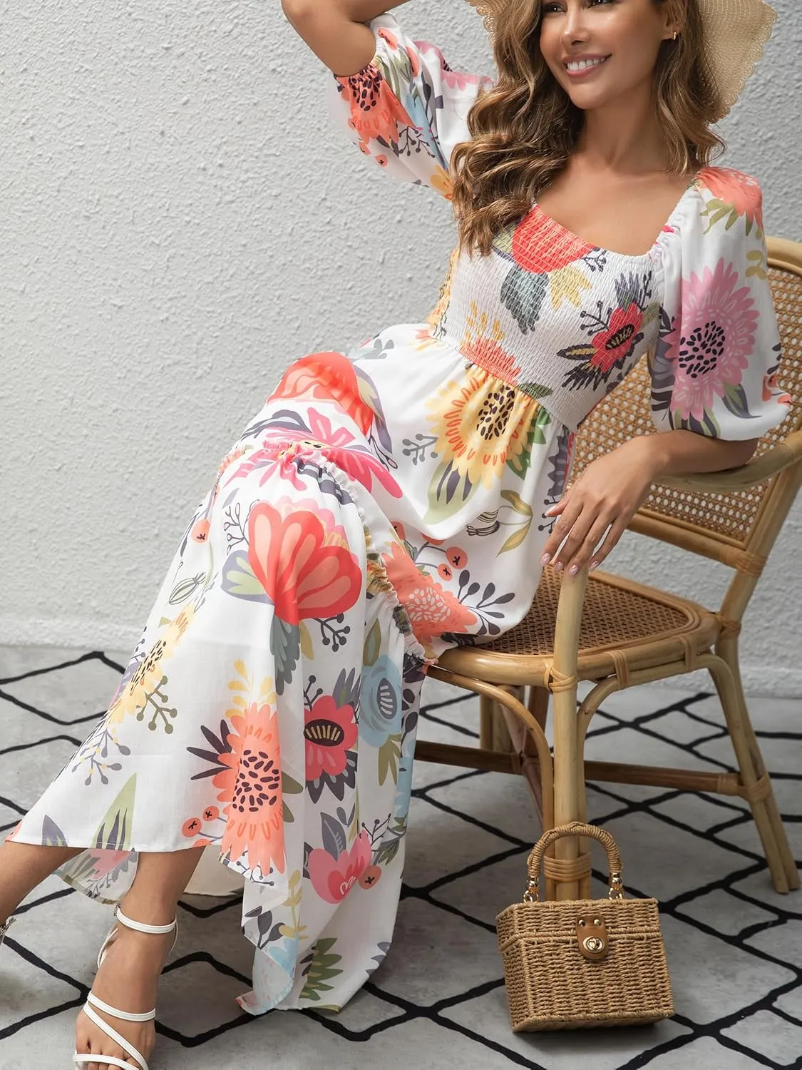 Women’s Flower Print Floral Maxi Dress Puff Short Sleeve Square Neck Tiered Flowy 2025 Spring Summer Smocked Dresses